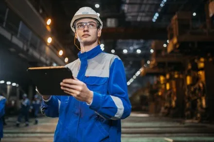 Inspector con tablet recorriendo una planta industrial